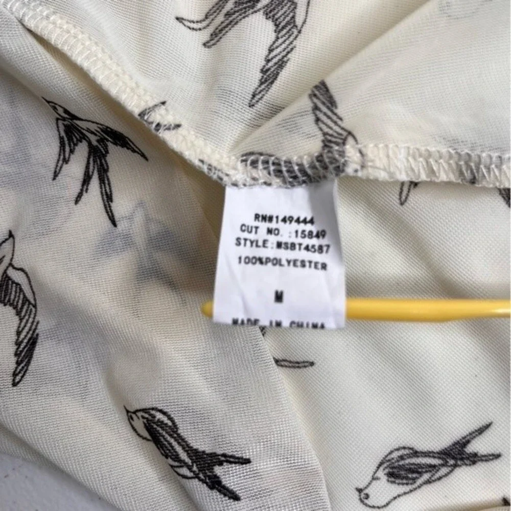 Siren Lily Bird Print Tie Neck Button Front Semi Sheer Cream Top Women Medium - Picture 8 of 13